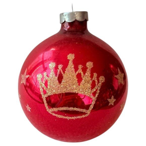 Vintage Shiny Brite Red Glass Christmas Ornament Gold Glitter Crown & Star 3” - Picture 5 of 7